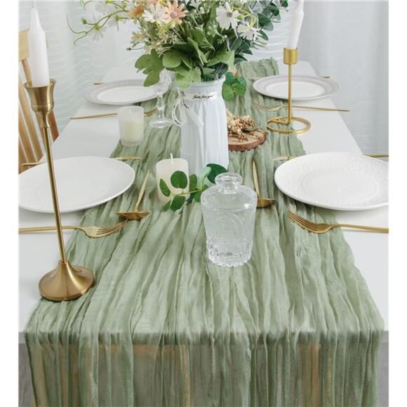Cheesecloth Table Runner Sage Green  120" x 35" Rustic Gauze Spring Table Runner - Picture 2 of 7